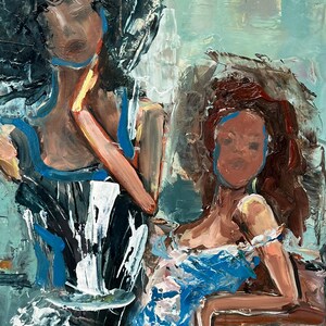 May include: An abstract oil painting featuring two figures. One figure wears a black and white dress with blue accents, the other a blue dress. The artwork uses thick brushstrokes and a muted color palette.