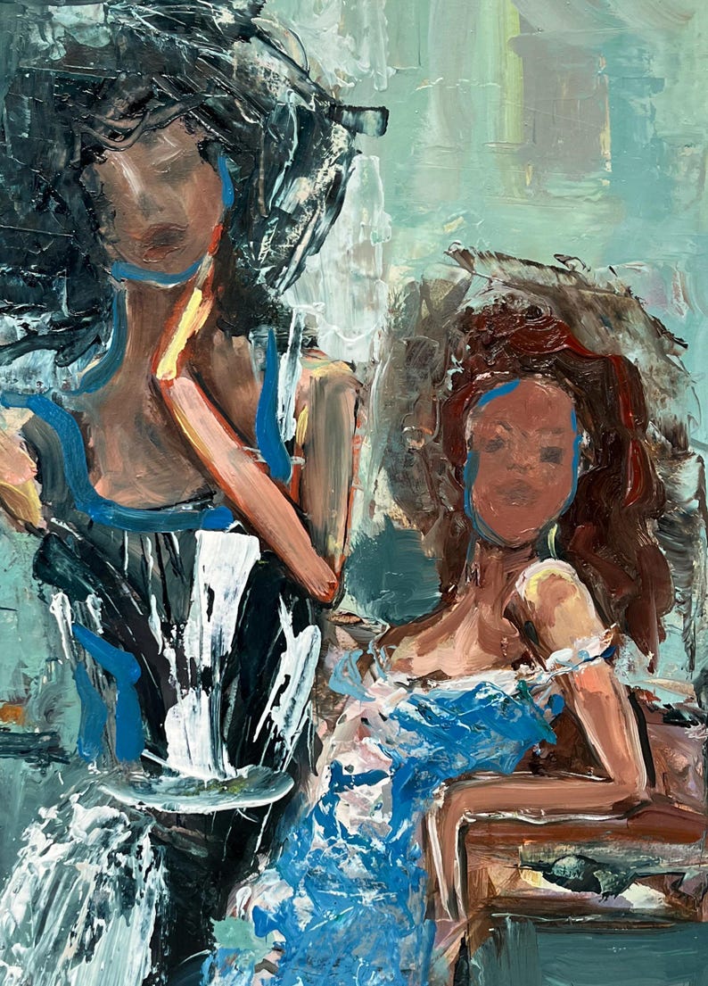 May include: An abstract oil painting featuring two figures. One figure wears a black and white dress with blue accents, the other a blue dress. The artwork uses thick brushstrokes and a muted color palette.