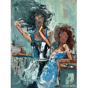 May include: An abstract oil painting featuring two figures. One figure is in a black and white dress, the other in a blue dress. The artwork uses a palette of blues, whites, and browns, with visible brushstrokes. The artist's signature is in the bottom right corner.