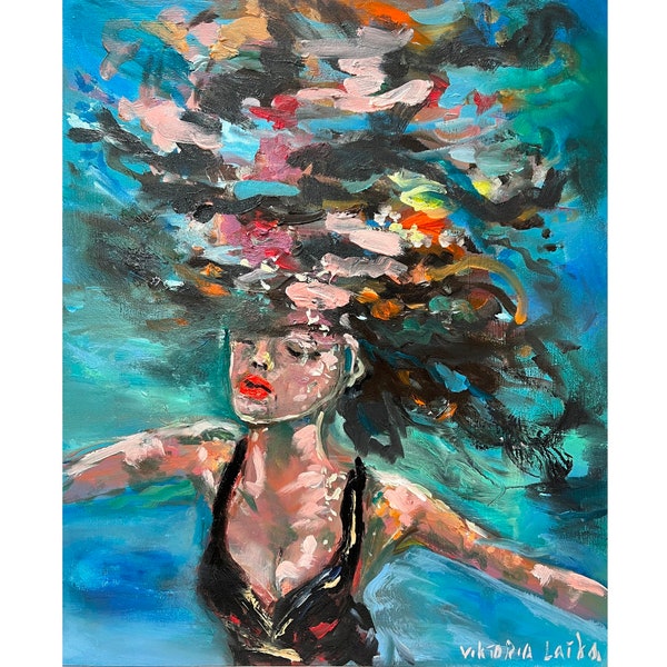 Frau Malerei Original Kunst Schwimmer Malerei Unterwasser Gemälde 12 von 10 "Portrait Frau Kunst Figurative Kunstwerk von Viktoria Latka