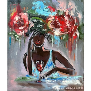 Woman Painting Textured Original Art Wine Painting African American Art 10 by 12&quot; Flower Painting Black Woman Artwork by Viktoria Latka