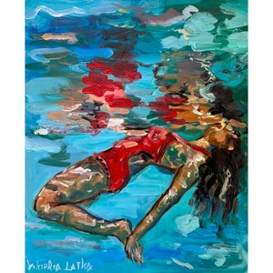 Woman Painting Original Art Underwater Painting Swimmer Painting 10 by 8" Swimming Woman Artwork  Figurative Painting by Viktoria Latka