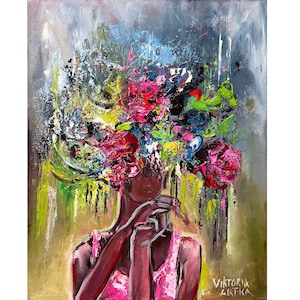 Woman Painting Original Art Canvas Faceless Woman Painting Black Woman Art 13 by 16&quot; Flowers Painting African American Art by Viktoria Latka