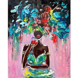 African American Art Original Painting Black Woman Artwork Faceless Woman Art 8 by 10&quot; Flowers Painting Figurative Art by Viktoria Latka