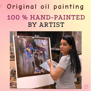 May include: Original oil painting, 100% hand-painted by artist. The artwork depicts a woman with a floral headdress. The painting is on a white easel. The artist is holding a palette and brush.
