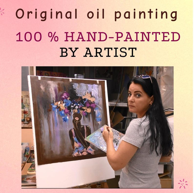 May include: Original oil painting, 100% hand-painted by artist. The artwork depicts a woman with a floral headdress. The painting is on a white easel. The artist is holding a palette and brush.
