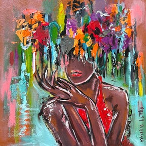 African American Woman Painting Original Art Flowers Woman Painting Faceless Portrait Art 10 by 10&quot; Black Woman Painting by Viktoria Latka