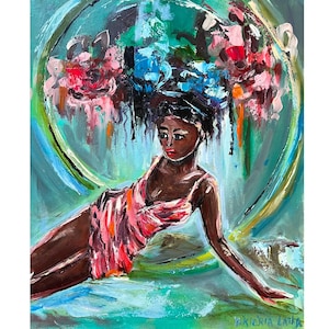 Black Woman Painting Original Art Flowers Woman Art African American Art 10 by 12&quot; Floral Painting Figurative Artwork  by Viktoria Latka