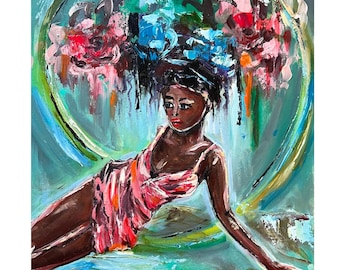 Black Woman Painting: Original Art, Textured Figurative Artwork 10x12" African American art, Floral Portrait