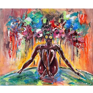 Black Woman Painting Original Art Canvas Flowers Woman Artwork African American Art 13 by 16&quot; Flowers Art Figurative Art by Viktoria Latka