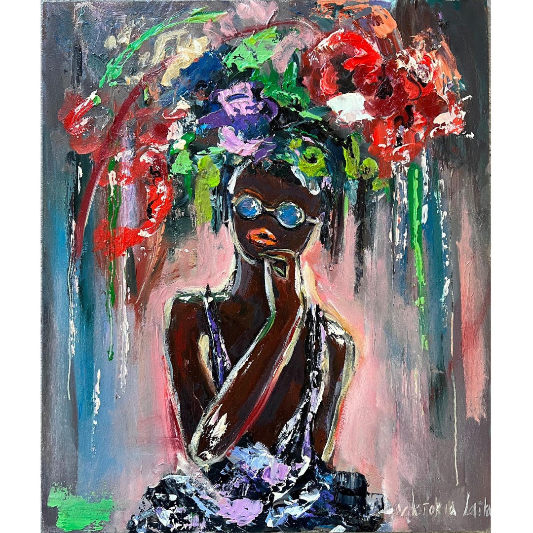 Black Woman Painting Original Art Flowers Painting Faceless Woman Art ...