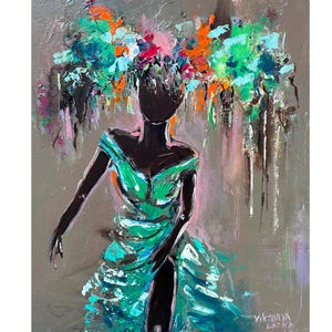 Black Woman Painting Original Art Flower Painting African American Art 10 by 12&quot; Faceless Woman Art Figurative Painting by Viktoria Latka