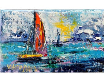 Sailboat Painting: Original Art, Textured Seascape Art 5x8" Abstract Small Canvas, California Ocean View