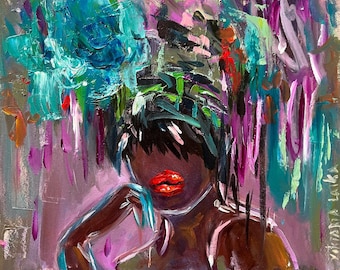 Black Woman with Hydrangea Painting: Original Art, Abstract Faceless Portrait 8x10" African American Art