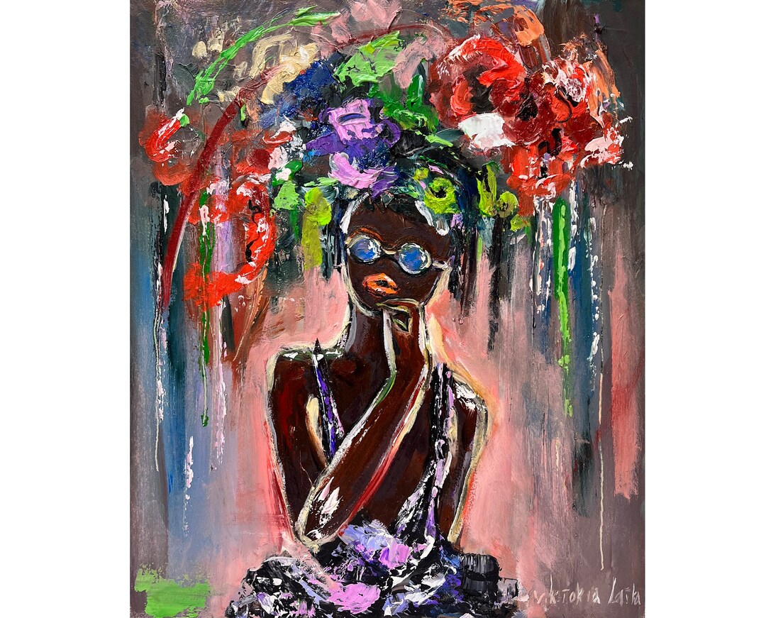 Black Woman Painting Original Art Flowers Painting Faceless Woman Art ...