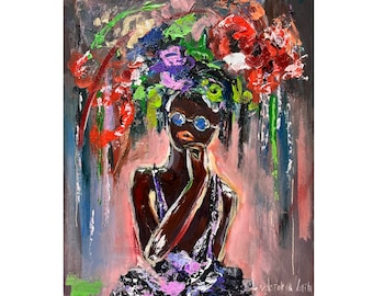 Femme noire, peinture originale de fleurs, peinture femme sans visage, 12 x 10 po., peinture figurative d'art afro-américain par Viktoria Latka