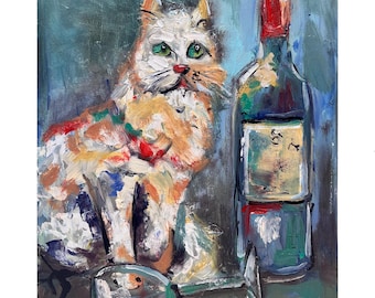 White Cat and Wine Painting: Original Oil Art, Kitten Portrait 10x12"
