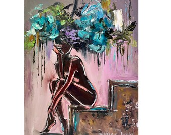 Сustom Order - Black Woman With Floral Head - Original Oil Painting - Faceless Portrait Painting by Viktoria Latka
