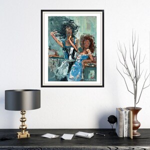 May include: An abstract painting in a black frame depicts two women in dresses. One woman wears a black and white dress, the other a blue dress. The artwork uses shades of blue, white, and black, with visible brushstrokes.