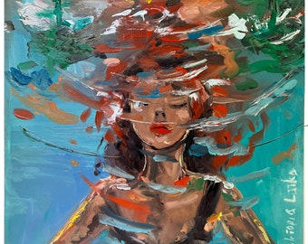 Woman Painting Original Art Portrait Woman Art Underwater Painting  Woman Face Artwork  Swimmer Painting by Viktoria Latka