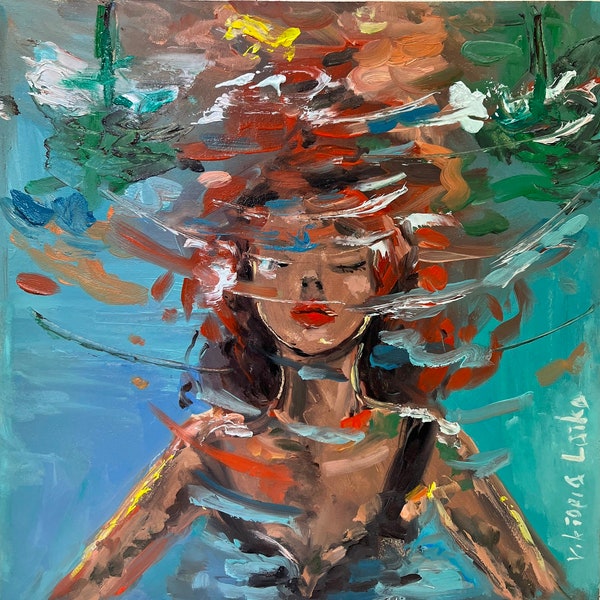 Woman Painting Original Art Portrait Woman Art Underwater Painting  Woman Face Artwork  Swimmer Painting by Viktoria Latka