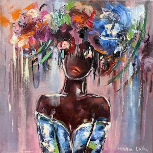 Black Woman Painting Original Art Canvas Faceless Woman Art Flowers Painting African American Art 12 by 12&quot; Figurative Art by Viktoria Latka