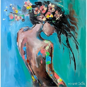 Woman Painting Original Art Portrait Woman Art Gerbera Painting  Figurative Painting Flowers Woman Art by Viktoria Latka