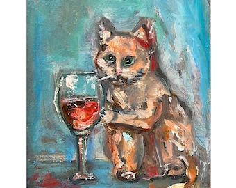 Cat with Wine Oil Painting: Original Artwork 8x10" White Kitten Wall Art
