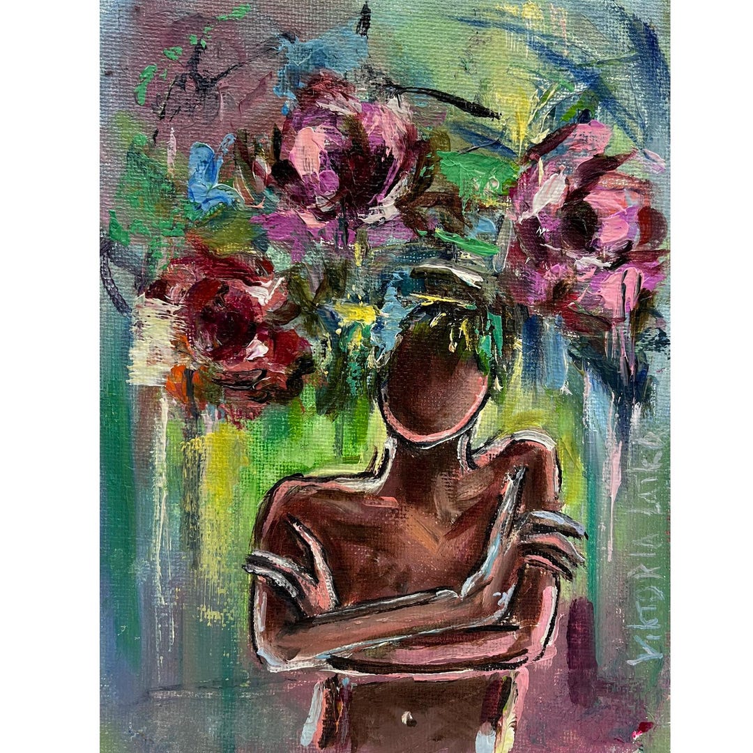 Black Woman Painting Original Art Flowers Artwork Peonies Painting ...