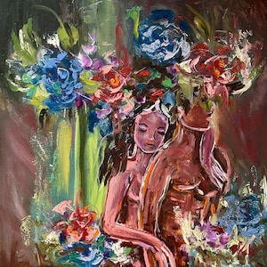 Couple Painting Original Art Lovers Painting Body Art Floral Art 16 by 16&quot; Flowers Painting Sensual Art Figurative Art by Viktoria Latka
