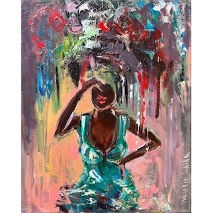 African American Art Original Painting Black Woman Art Faceless Portrait Art 8 by 10&quot; Flower Painting Figurative Painting by Viktoria Latka