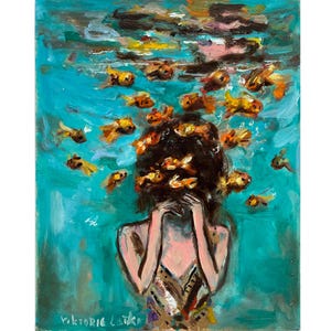 Woman with Goldfish Painting: Original Oil Art 8x10" Underwater Artwork, Faceless Portrait