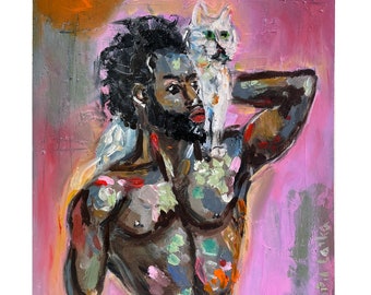 Hombre con gato: Pintura al óleo original de 8x10 pulgadas, arte afroamericano, colorida obra de arte figurativa.