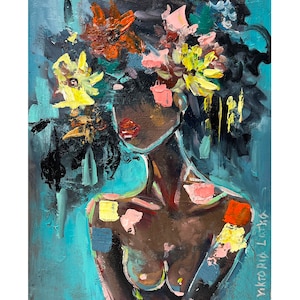 Woman Painting Original Art Black Woman Artwork Flowers Painting African American Art 8 by 10&quot; Portrait Woman Artwork by Viktoria Latka