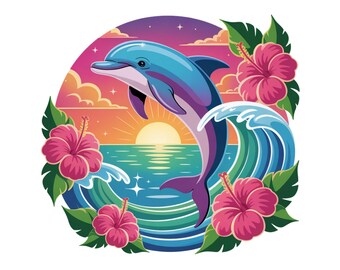 Dolphin Sunset T Shirt Design, Digital Download, Ocean Art, Sublimation PNG, Tropical Beach Decor, Summer Print, Summer PNG Sublimation File