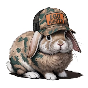 May include: A brown and white bunny wearing a camouflage baseball cap with the text "EGG HUNTER" in orange.