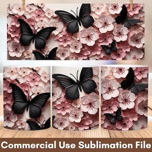 3D Butterfly And Flowers Mug Wrap Sublimation Design, Instant Digital Design Download 11 oz 15 oz Mug Wrap Design, Coffee Mug Designs PNG