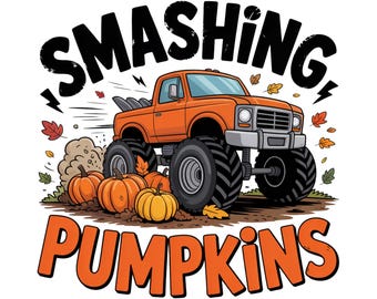 Puede incluir: Ilustración de dibujos animados de un camión monstruo naranja con neumáticos negros grandes, con las palabras "SMASHING PUMPKINS" en negrita. Las calabazas y las hojas de otoño rodean el camión, creando un tema otoñal.