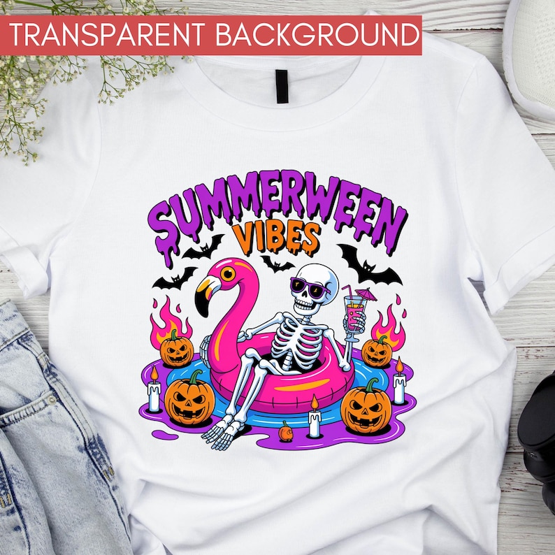 May include: White t-shirt with a colorful graphic featuring a skeleton in sunglasses relaxing on a pink flamingo float. The design includes pumpkins, bats, flames, and the text "Summerween Vibes".