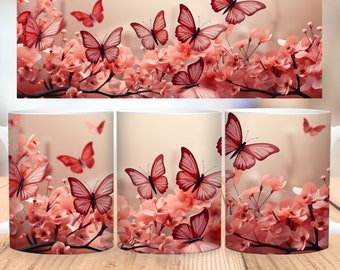 Diseño de sublimación de envoltura de taza de mariposa y flores 3D, diseño digital instantáneo Descargar diseño de envoltura de taza de 11 oz 15 oz, diseños de taza de café PNG