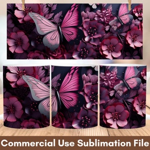 3D Butterfly And Flowers Mug Wrap Sublimation Design, Instant Digital Design Download 11 oz 15 oz Mug Wrap Design, Coffee Mug Designs PNG