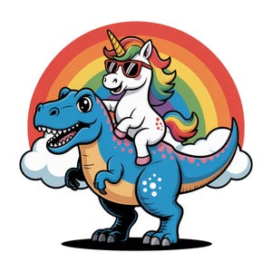Pode incluir: Ilustração de desenho animado de um unicórnio branco usando óculos de sol montado em um dinossauro azul. Um arco-íris se curva atrás deles, com nuvens brancas na parte inferior. O unicórnio tem uma crina e cauda de arco-íris.