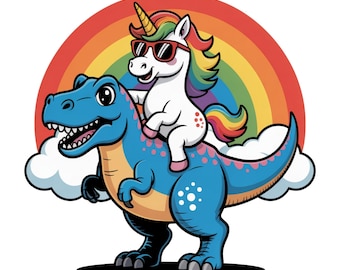 Unicorno a cavallo di un T-Rex, clipart digitale PNG per maglietta, tazza, bicchiere, sublimazione e scrapbooking, dinosauro dei cartoni animati, arcobaleno, design con nuvole