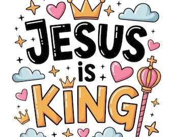 Kristen PNG, sublimering Jesus är kung klippfil små pojkar, retro barn småbarn, färgglad religiös bibel grafisk design png sublimering