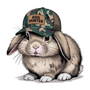 May include: A brown and white bunny wearing a camouflage baseball cap with the text "EGG HUNTER" on it.