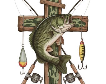 May include: A green and brown bass fish is mounted on a wooden cross with two fishing rods and lures hanging from the cross.