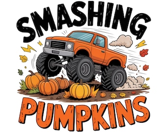 Puede incluir: Ilustración de estilo caricatura que muestra un camión monstruo naranja con grandes neumáticos negros, con la inscripción "Smashing Pumpkins". Las calabazas y las hojas de otoño están esparcidas alrededor del camión, sugiriendo un tema otoñal.