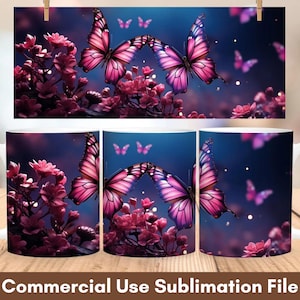 3D Butterfly And Flowers Mug Wrap Sublimation Design, Instant Digital Design Download 11 oz 15 oz Mug Wrap Design, Coffee Mug Designs PNG