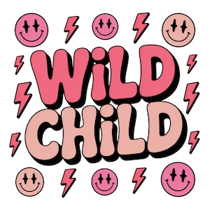 Wild Child PNG, Little Girl Smiley T Shirt PNG, Hot Pink 90s 80s Boho Girl Sibling, Preppy Girl Sublimation PNG Digital Download, Png Design