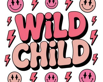 Wild Child PNG, Little Girl Smiley T Shirt PNG, Hot Pink 90s 80s Boho Girl Sibling, Preppy Girl Sublimation PNG Digital Download, Png Design